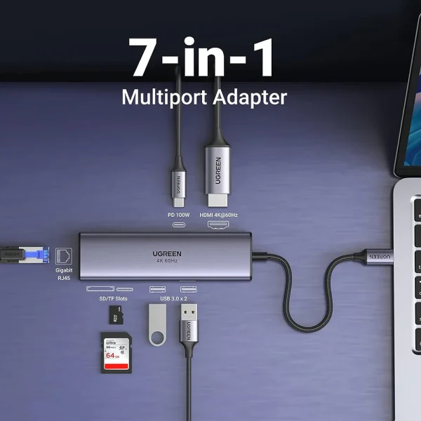 UGreen USB-C Hub - 2x USB 3.0, HDMI, RJ45. SD & TF, with PD port - Image 3