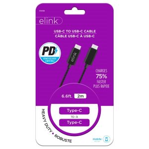 eLink 6.6 ft Type-C to Type-C High Power Delivery fast charging cable