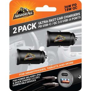 2 Pack Ultra-Fast 54W PD 18W QC Car Charger, Type C and USB A