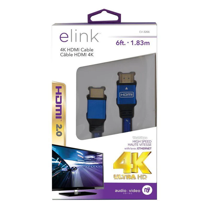 Elink CV-3266 6 Feet HDMI Cable 2.0 4K Braided with Metal Connectors Blue