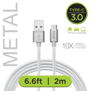 BOOST 6.6ft Type-C USB 3.0 Tangle-free double braided cable, White
