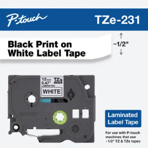 Brother Laminated Tape for P-touch Label Maker - 12 mm - Black Print on White Labe