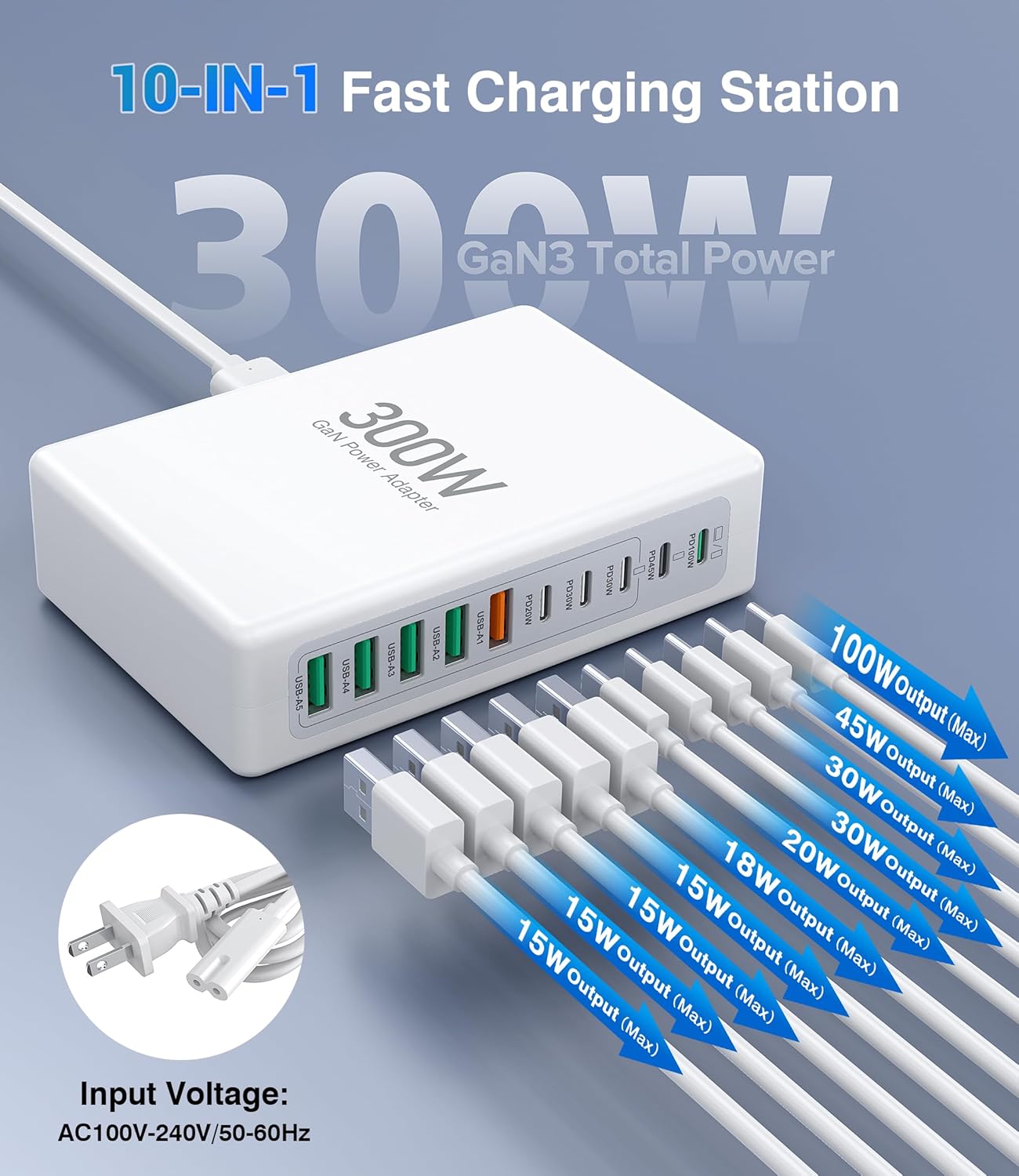 300W USB C Fast Charging Block 10-Port Fast Charging Station Hub - Image 2