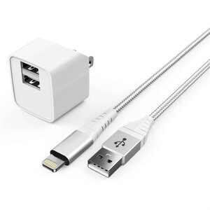 Dual USB Wall Charger 2.4A 2x USB-A with 6ft Apple MFi Lightning Cable White